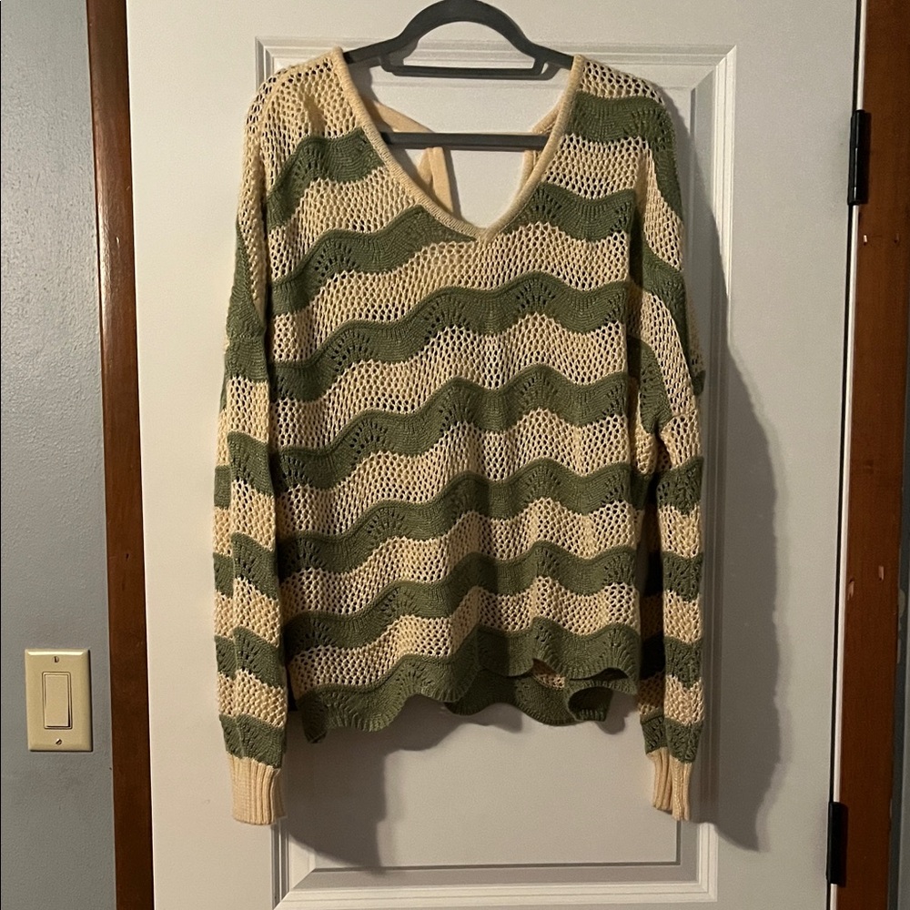 Willow Green and Cream Striped V-Neck Sweater